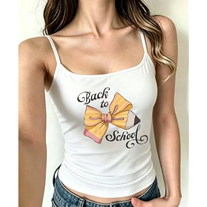 Women Back To School Pencil Bow Print Spaghetti Strap Tank Top Soft Sleeveless Camisole Casual Summer Outfit