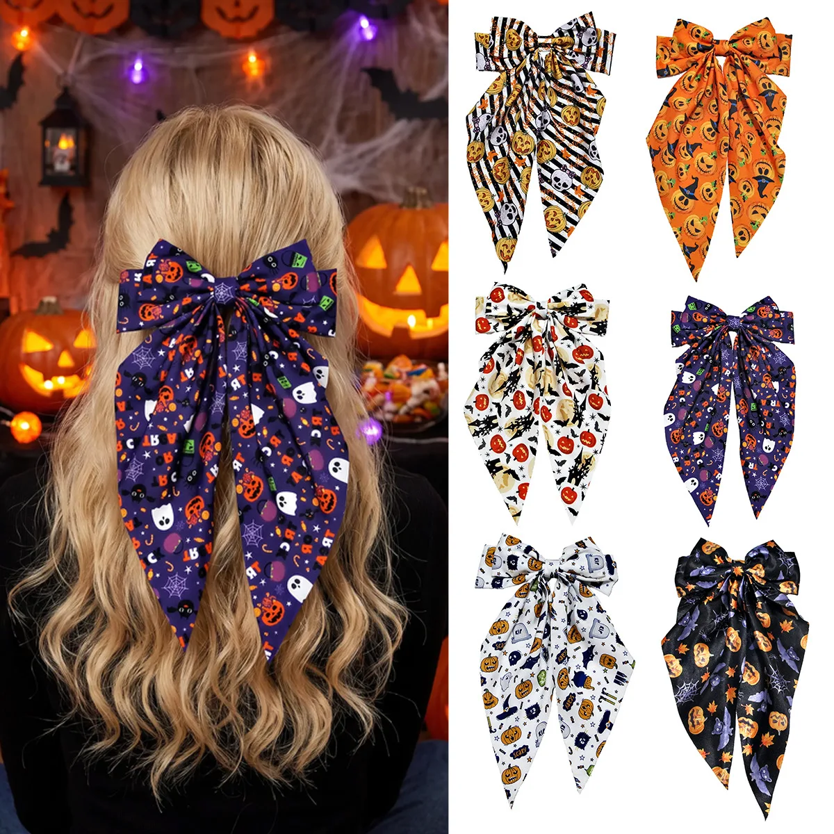 Cute Halloween Hair Accessories Novelty Pumpkin Ghost Pattern Bowknot Hairpin Large Ribbon Hair Band Gothic Cosplay Props Adults