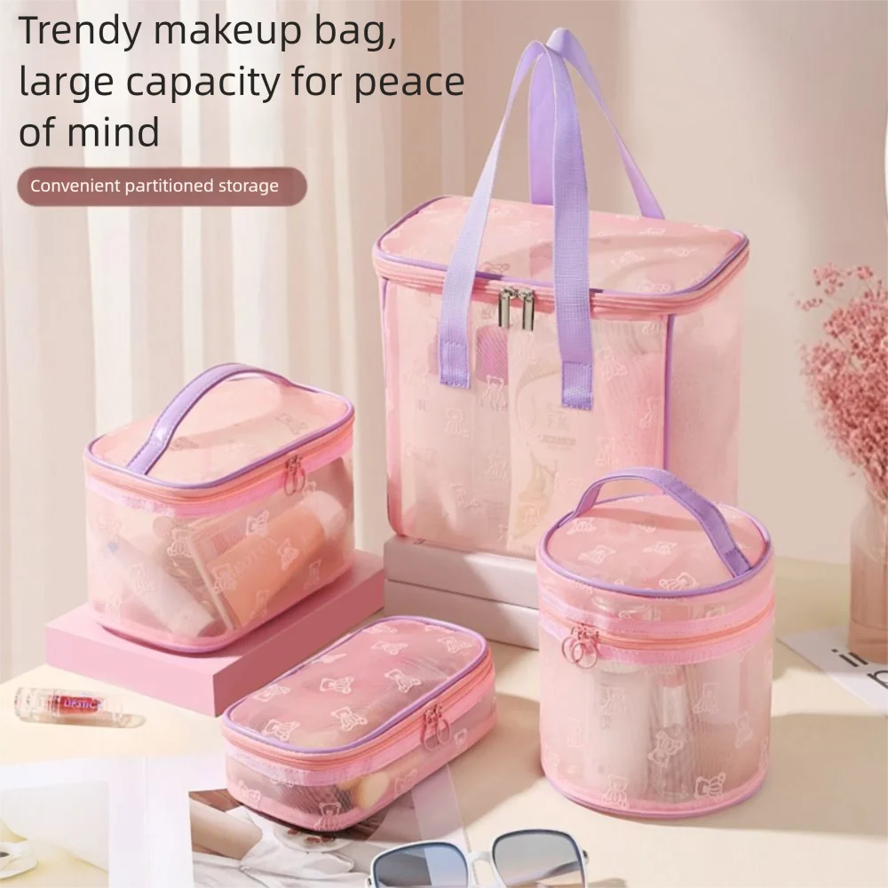 

Large Capacity Mesh Cosmetic Bags Zipper INS Toiletries Storage Pouch with Handle Portable Perspective Makeup Bag Women