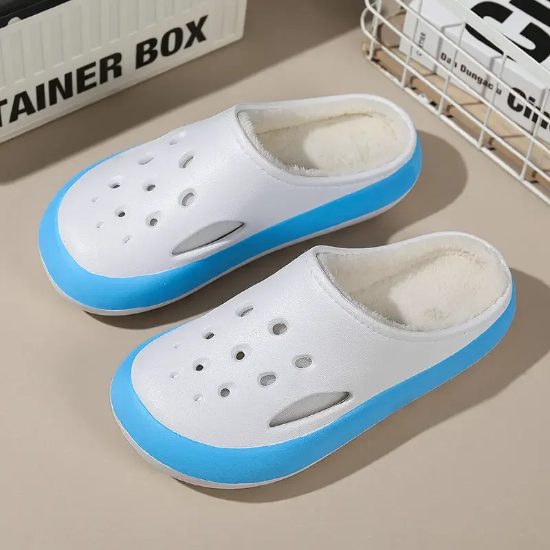 Winter Fleece Lined Clogs for Men Women – Color Block Platform Slippers with Thick Fluffy Lining and Non-Slip Sole