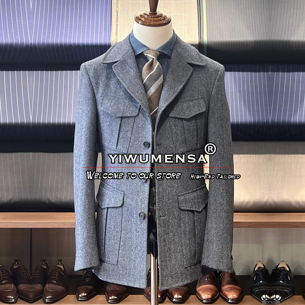 

Grey Men's Suits Jacket Herringbone Business Office Wear Coat Regular Single Breasted Blazer Tailore Made Safari Style Male Set