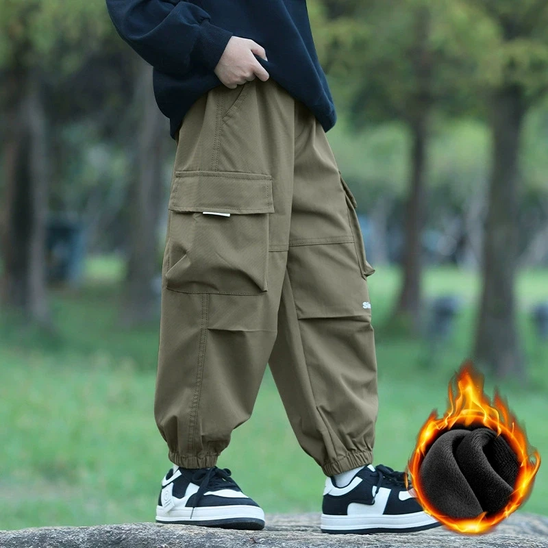 Spring Autumn Winter Boys Plush Warm Cargo Pants 4-14Years Kids Fashion Letter Windproof Waterproof Outdoor Trousers Child Cloth