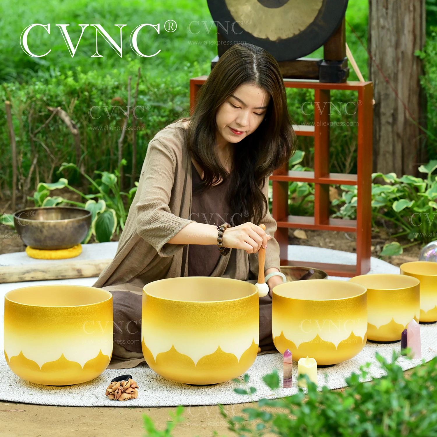 

CVNC 6-12Inch Golden Lotus Design Frosted Quartz Crystal Singing Bowl 7 Pcs For Sound Healing and Meditation with Free bags