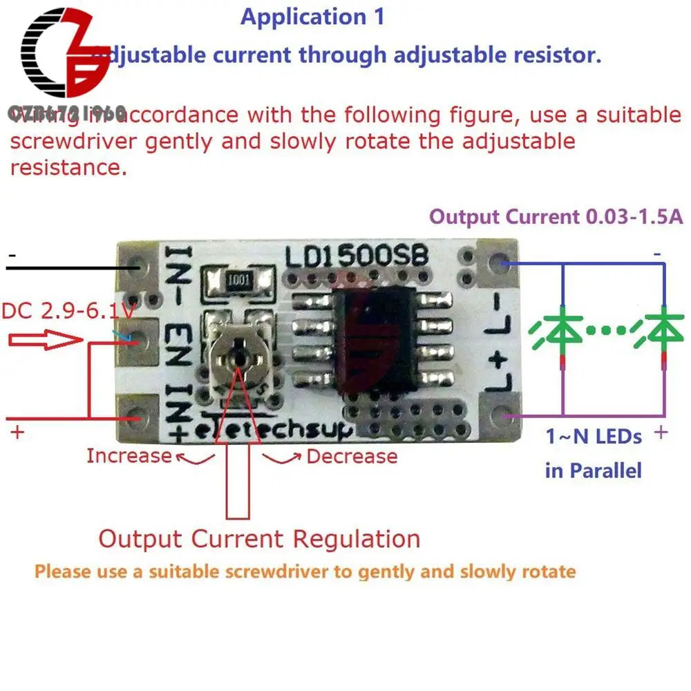 DC 2.9-6.1V Adjustable 28-1500mA LED Constant Current Driver Board for Flashlight Headlights Emergency Lights 3V 3.3V 3.7V 5V 6V