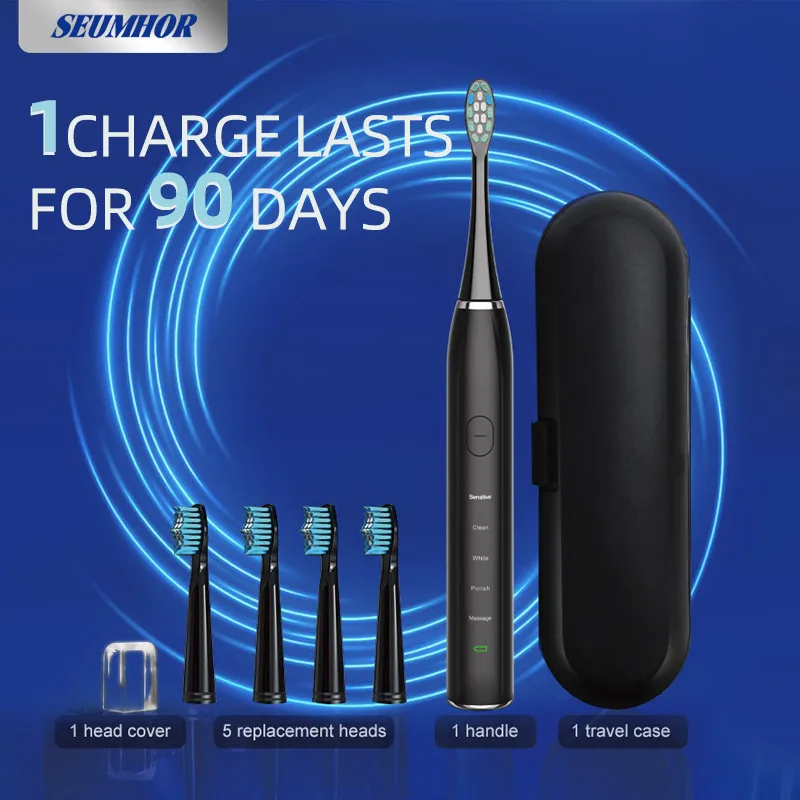 

Электрическая звуковая зубная щетка SEUMHOR, перезаряжаемая от USB, для взрослых, длительный срок службы батареи 90 дней, IPX7, 4 сменных насадки, дорожная коробка