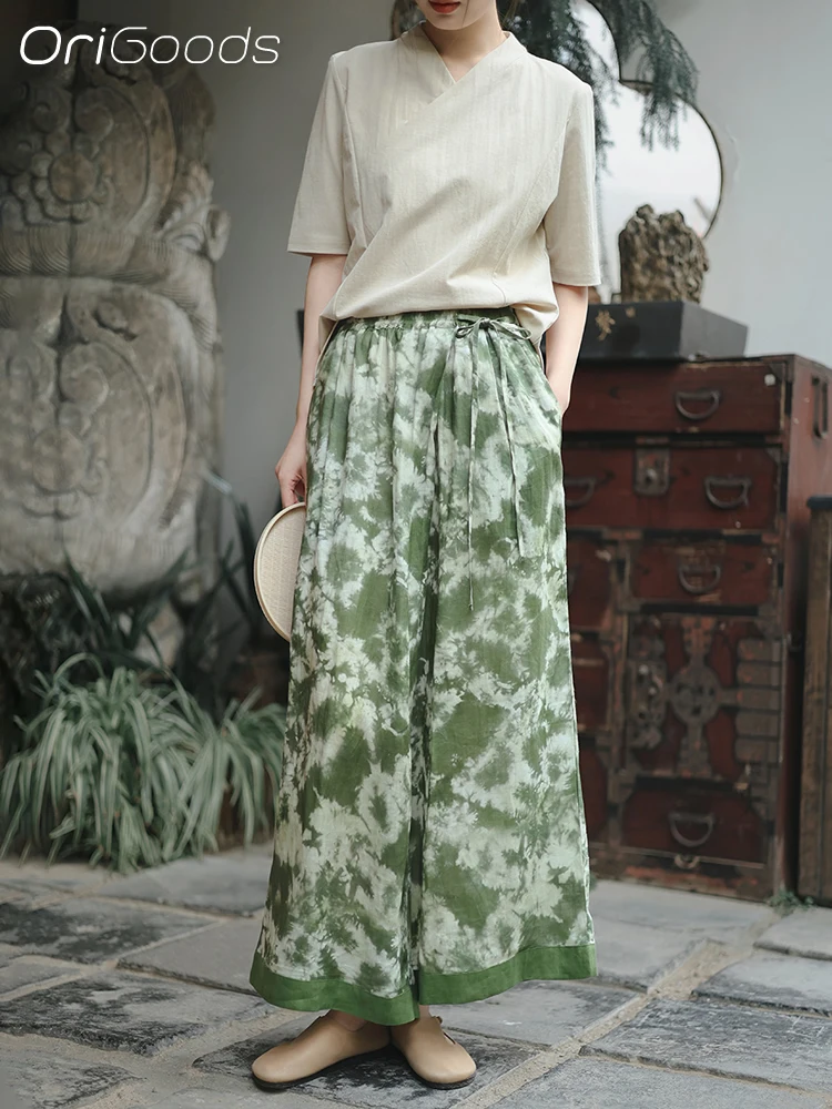 

OriGoods Тонкие крутые широкие брюки Ramie Женские летние льняные брюки с эластичной резинкой на талии и принтом Свободные элегантные широкие брюки-юбки Q148