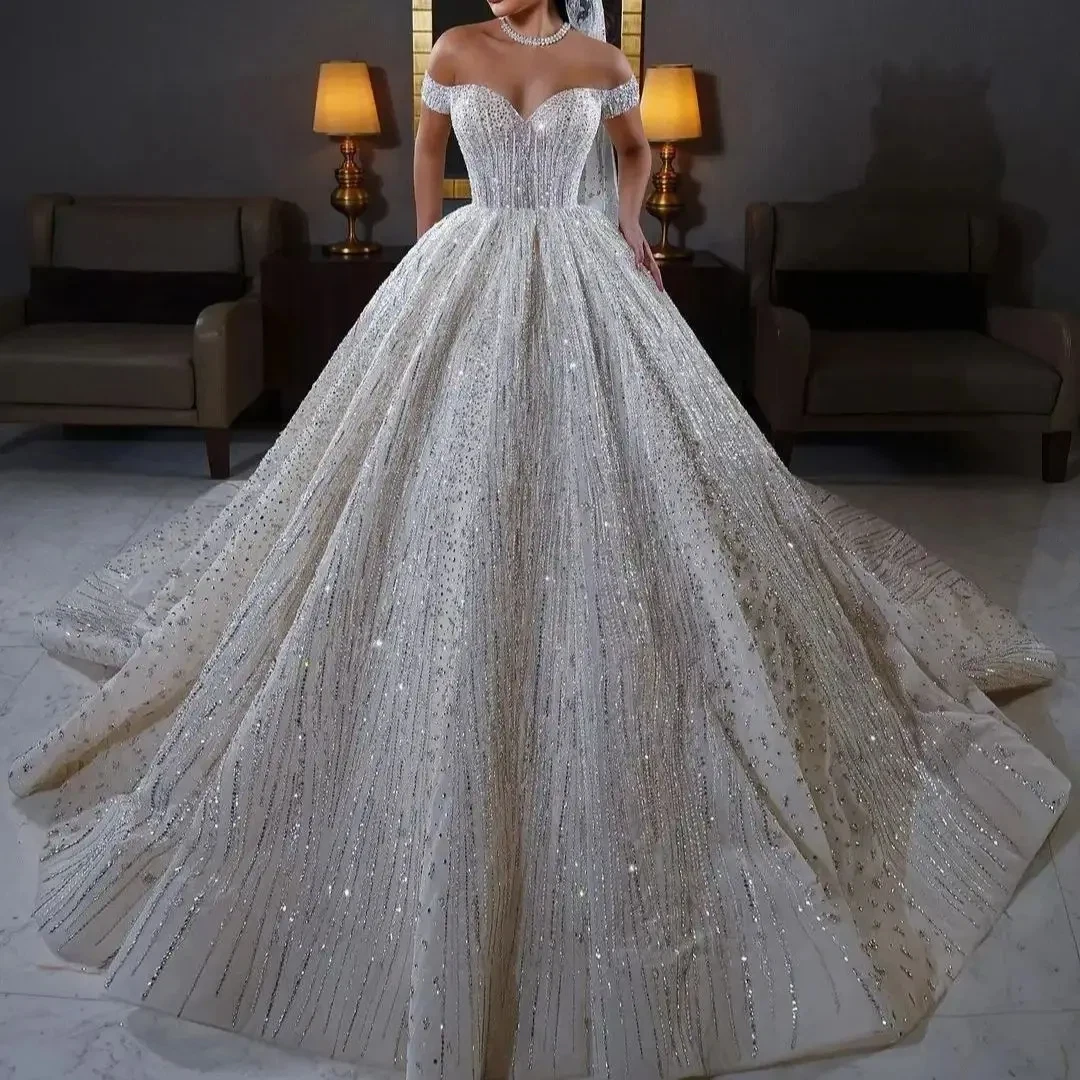 Elegant And Shiny A-Line Lace Crystal Bead Decoration Women's Wedding Dress Sexy V-Neck Backless Hall Bridal Gown Customized
