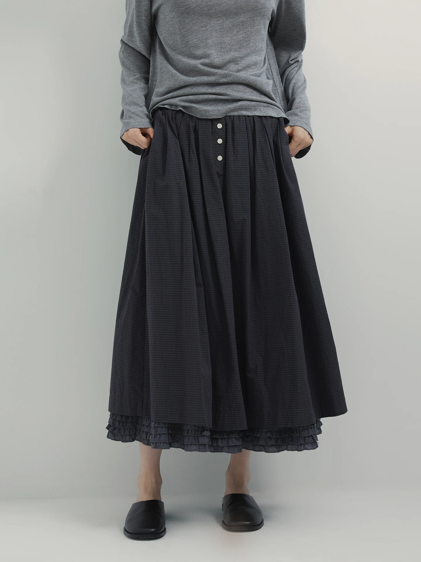 

Laid-ba Sle f-length Skirt with Lace Pure Cotton Plaid Multi-layered A-line Dr Original Design Casual Daily Wear