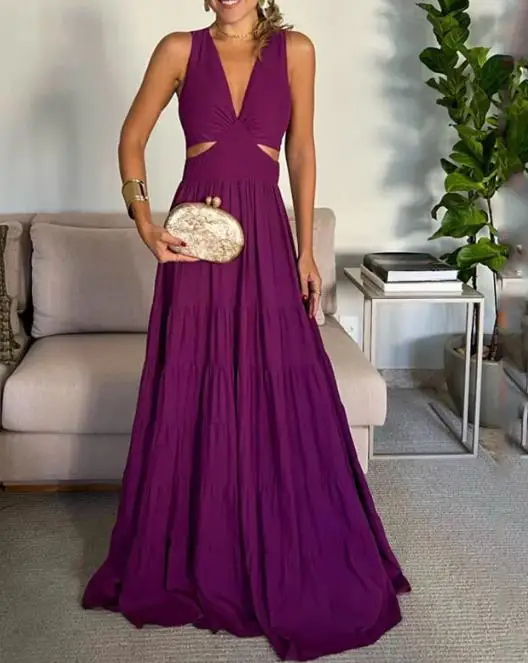 

2024 Women's Summer Elegant V-neck Sleeveless Hollow Waist and Floor Length Dress