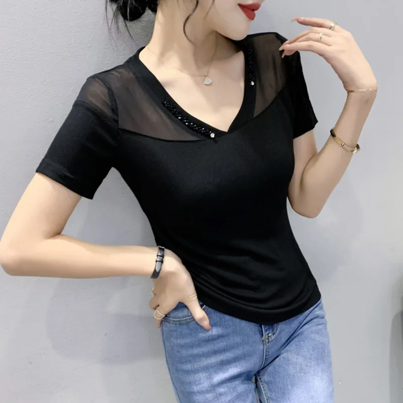 

#5335 Black Red Mesh T Shirt Women V-neck Beading Sexy Tight Tee Thin Short Womens Tshirt Korean Fashion Elastic Mesh Top Summer