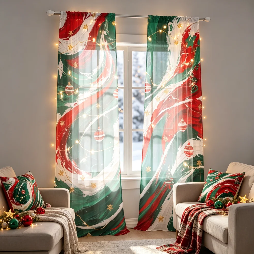 2PCS Christmas Curtains, Red Green Fluid Ornaments Print, Bedroom Living Room Window Drapes, Rod Pocket Polyester, Home Decor