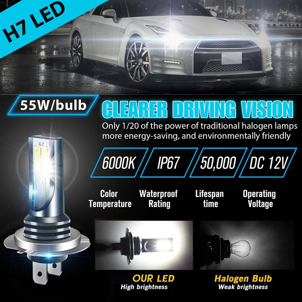 2pcs Car H7 LED Headlight Super Bright High Low Beam Fog Bulbs 30000LM 6000K White IP67 12V 24V Auto Lighting