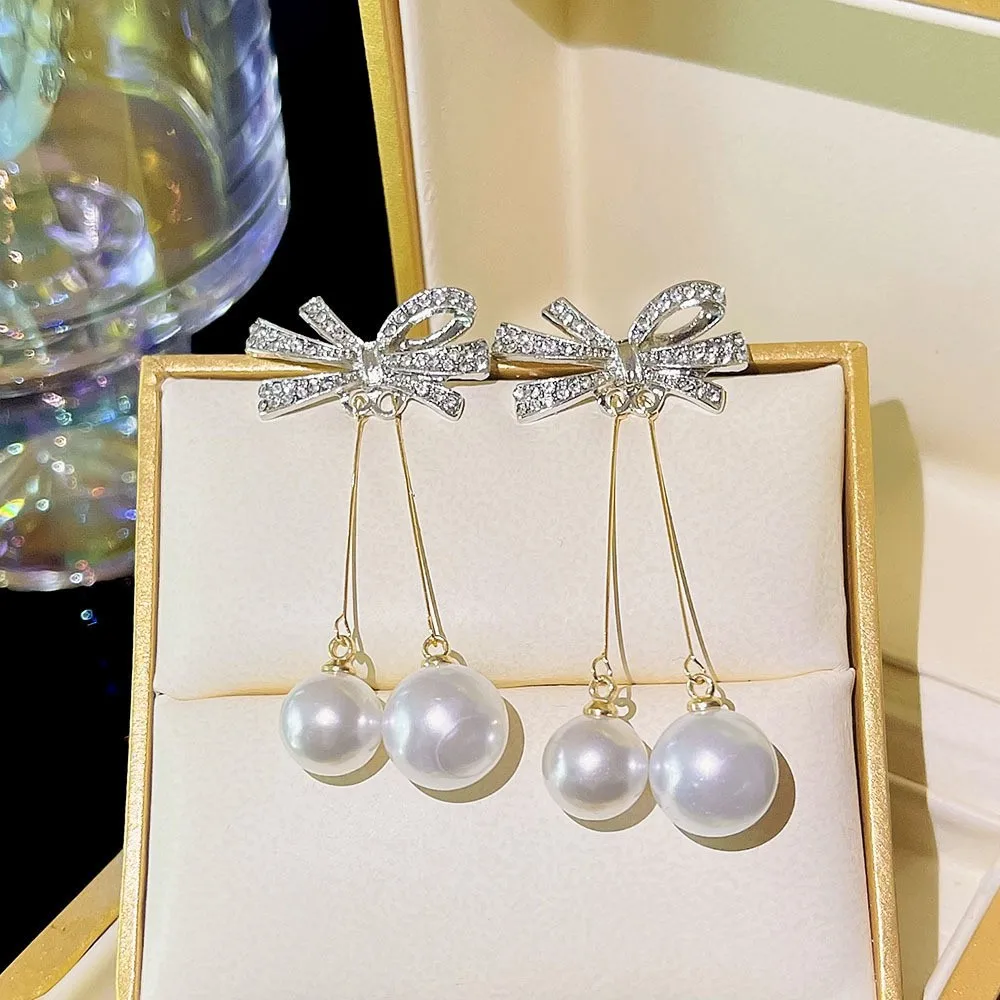 

New Fashion Minimalism Bow Tassel Imitation Pearl Metal Earrings for Women Unique Design Sweet Paty Jewerly GIfts Daily Wear