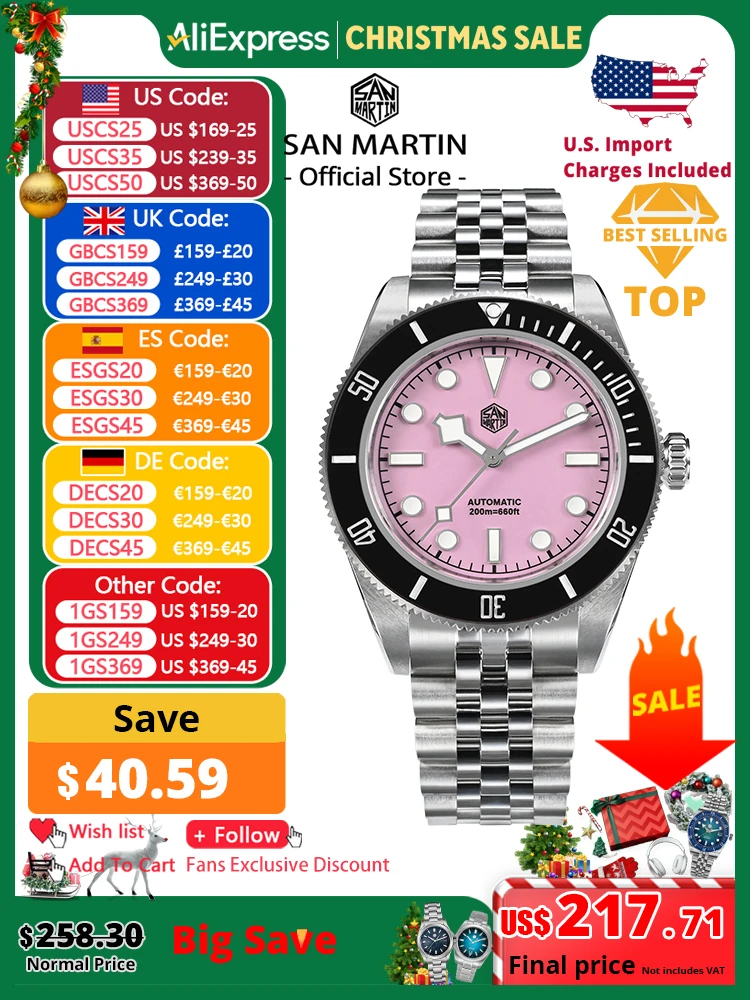 San Martin 40mm Pink BB Diver Watch NH35 Top Brand Classic Luxury Men's Automatic Mechanical Sapphire Waterproof 200m SN0128