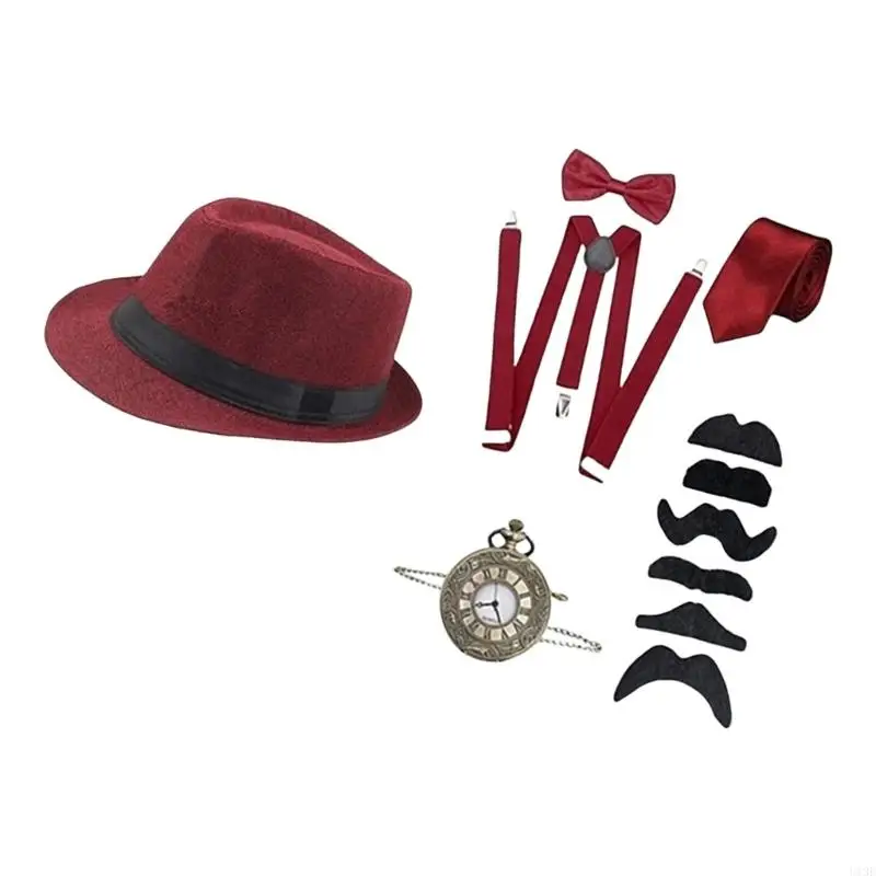 1920s Mens Costume with Fedoras Hat,Vintage Pocket Watch,Pre Tied Bowtie,Tie,Suspenders,Moustache for Halloween Party