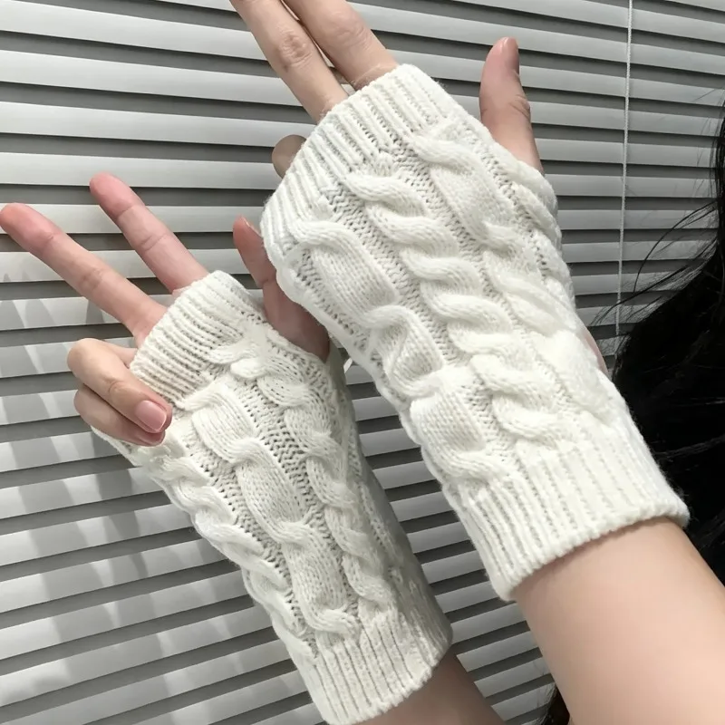 Winter Warm Knitted Gloves Women's Half Finger Warm Arm Warmers Girls Fingerless Mittens Solid Soft Wool Cuffs Sleeves Cover