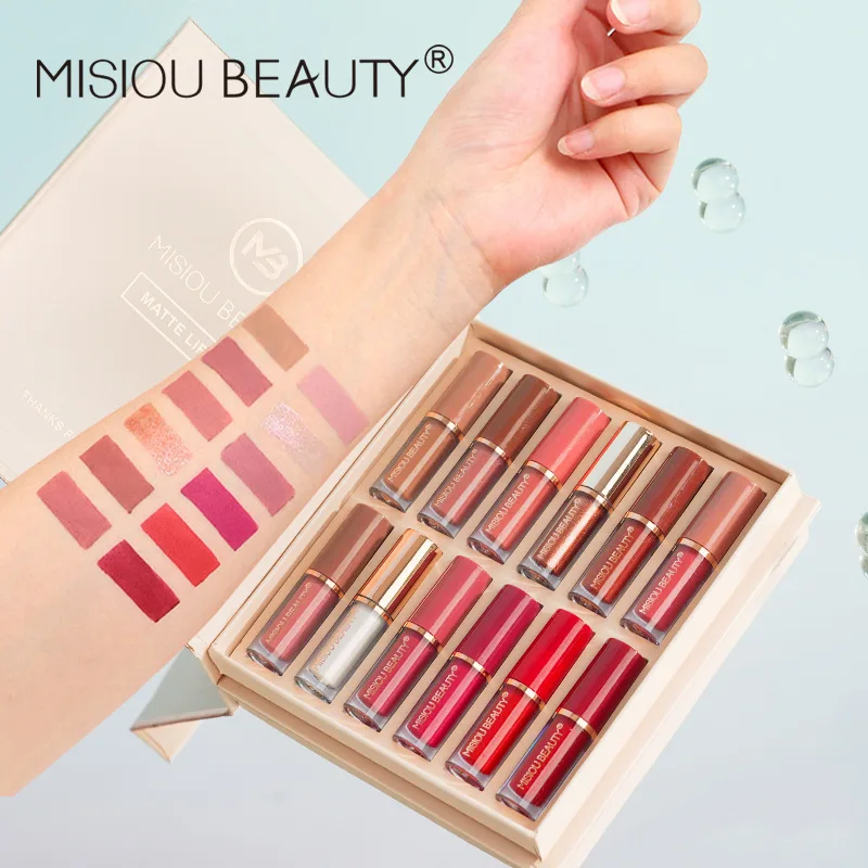 12-Color Lip Gloss Lipstick Set Liquid Matte Pearl Women's Makeup Long-Lasting Waterproof Non-Stick Cup Non-Fade
