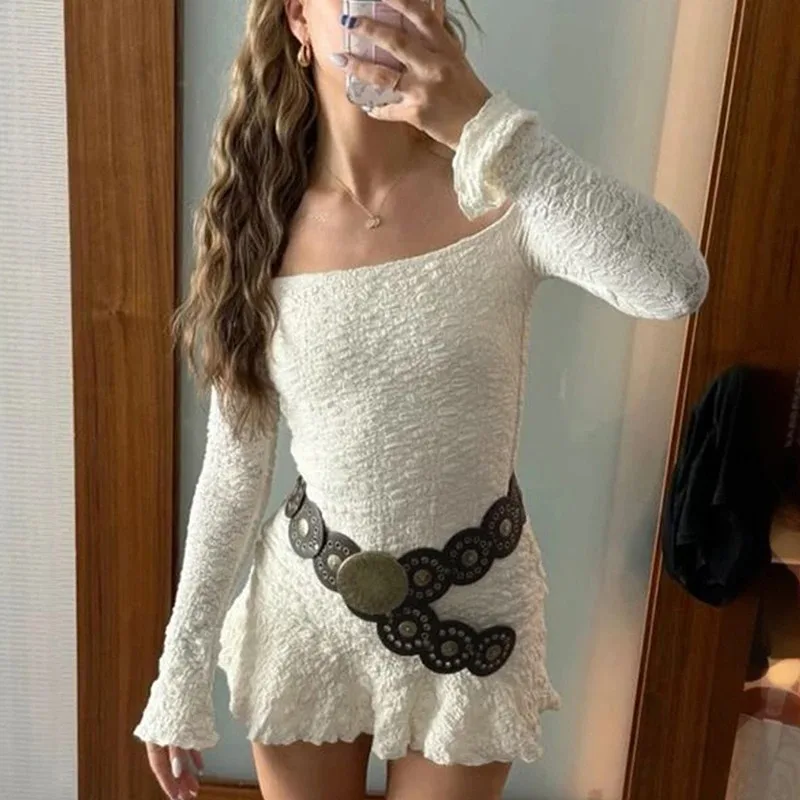 

2025 New Elegant Lace Mini Dress Summer Fashion Backless Patchwork Basic Pleated Dress High Waist Sexy One-Shoulder Women Dress