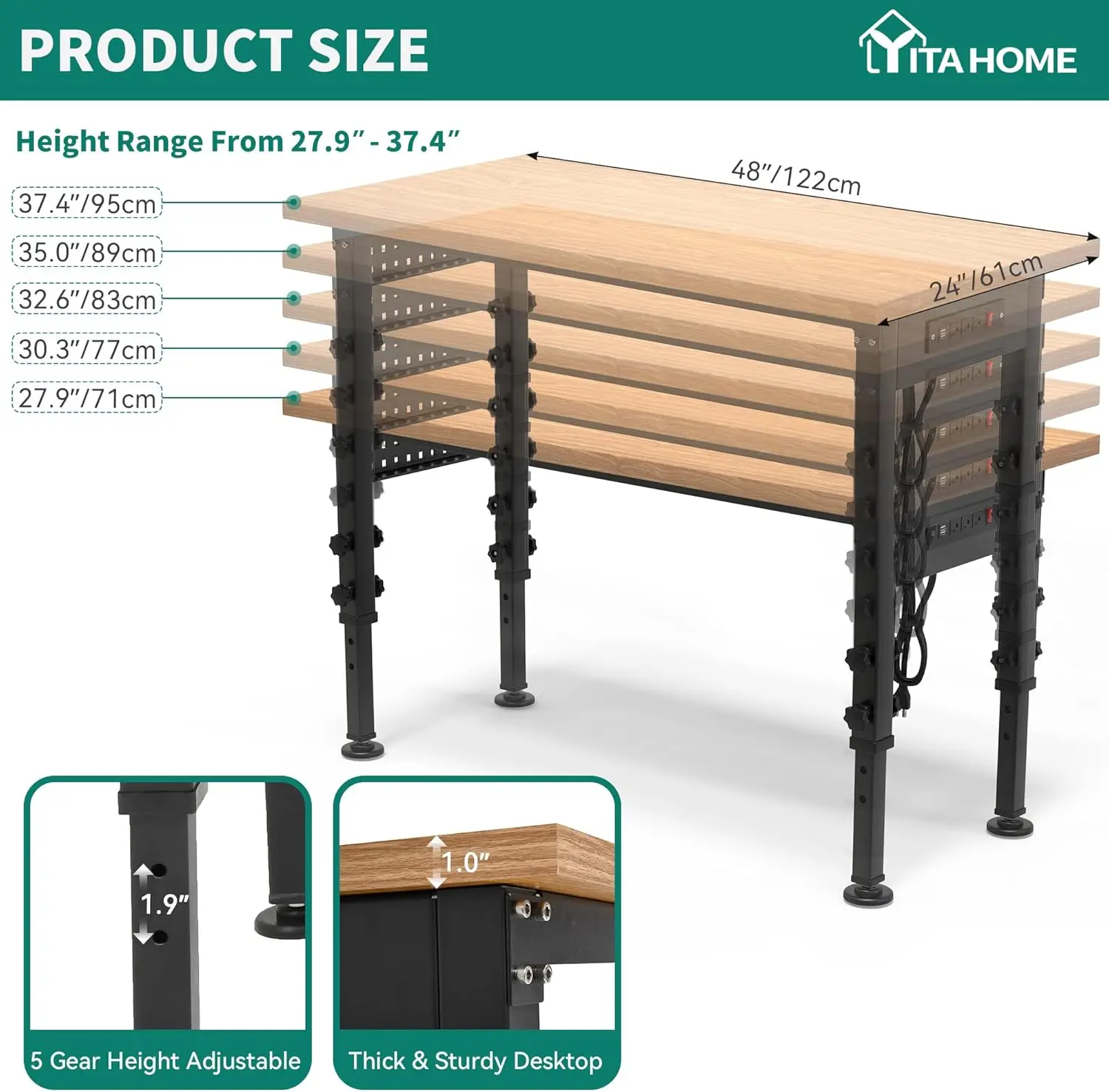 48 inch Work Bench with Wood Top Workbench for Garage W/Pegboard & Power Outlets Heavy-Duty Workstation, 200