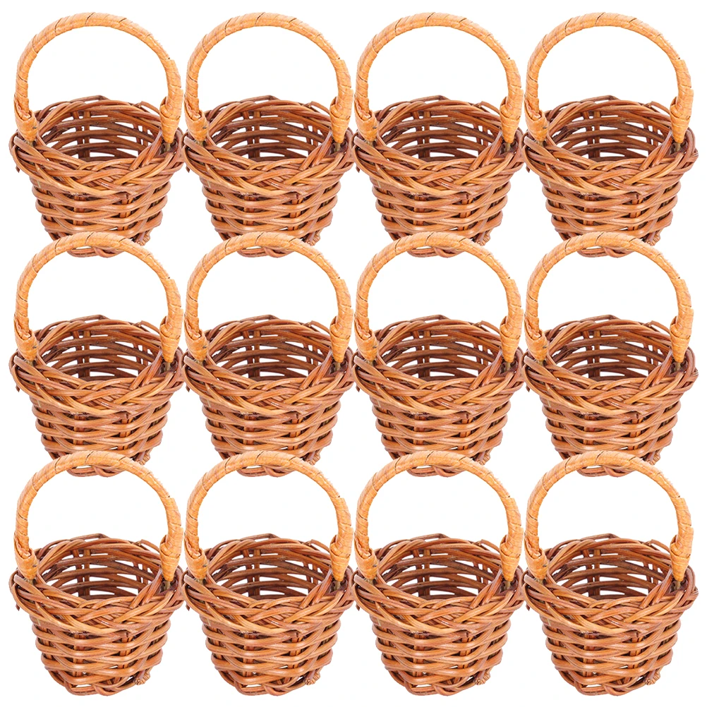 12pcs Mini Rattan Basket Woven Basket Portable Handheld Storage Basket Dollhouse Photography Props Flower Baskets Decorations