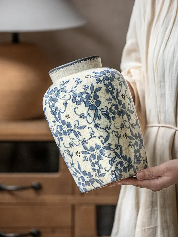 Song Dynasty Aesthetics Ornament Blue and White Porcelain Retro Ice Crackle Ceramic Vase Housewarming Study Room Chinese Decor