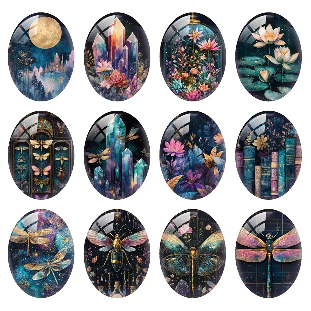 Random Mixed Round/Oval/Square Night Fairy Magic Dragonfly Dear Photo Glass Cabochon Flatback Demo Cameo For Diy Jewelry Making