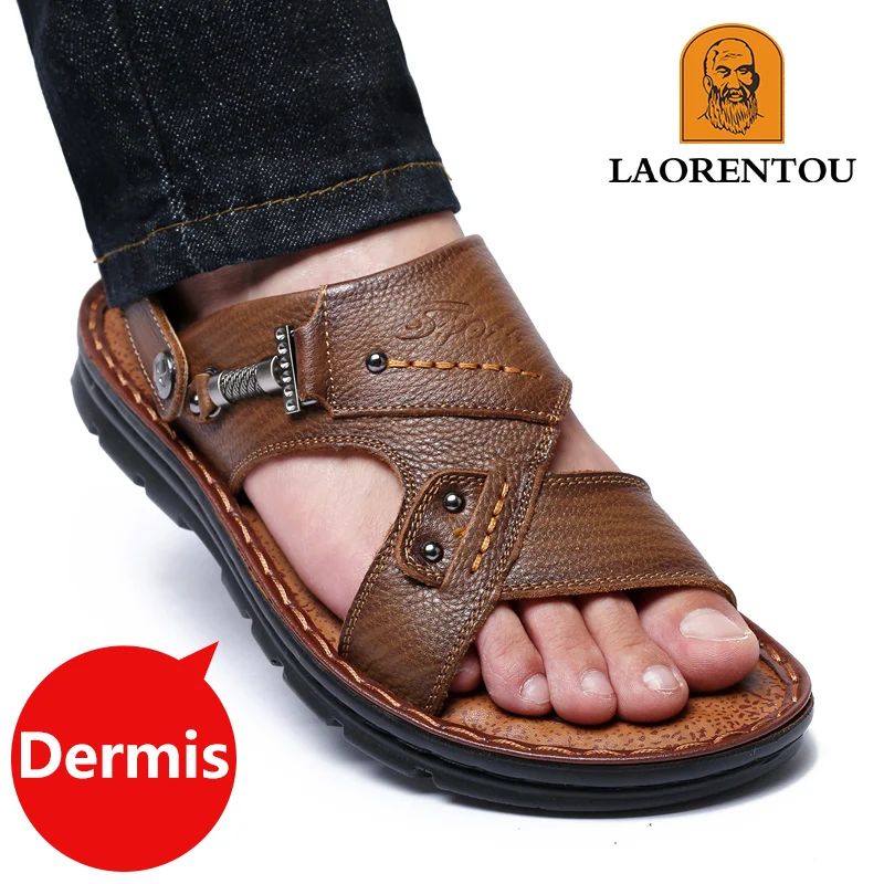 Laorentou Leather Male Sandals Casual Beach Shoes Wear Non-Slip Sandals and Slippers Cowhide
