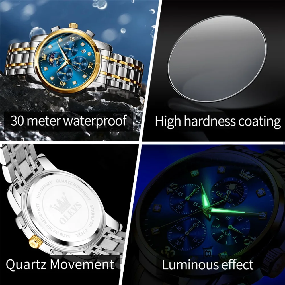 OLEVS Men Watches Multifunction Fashion Original Quartz Watch for Man Waterproof Stainless Luminous Date Moon Phase Chronograph