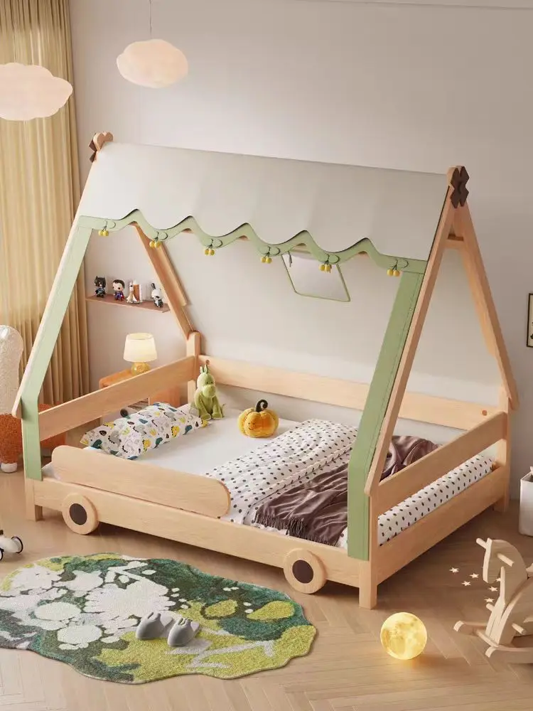 &*2025 All Solid Wood Boys Girls with Trundle Guardrail Home Baby Single Kids Beds Baby Wood Montessori
