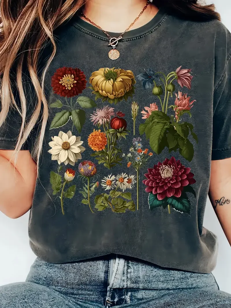 

Plus - Size Women's Dark Gray Short - Sleeve T - shirt, Vintage Floral Print, Retro & Comfortable