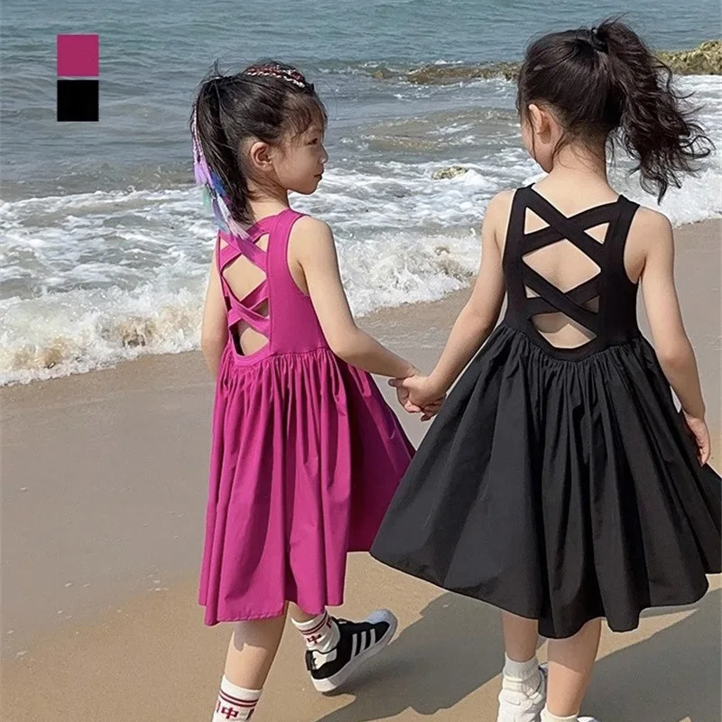 

ZLYM-Western Style Girls' Backless Sleeveless Vest Dress New Children's Daily All-Match Black Skirt Fashion