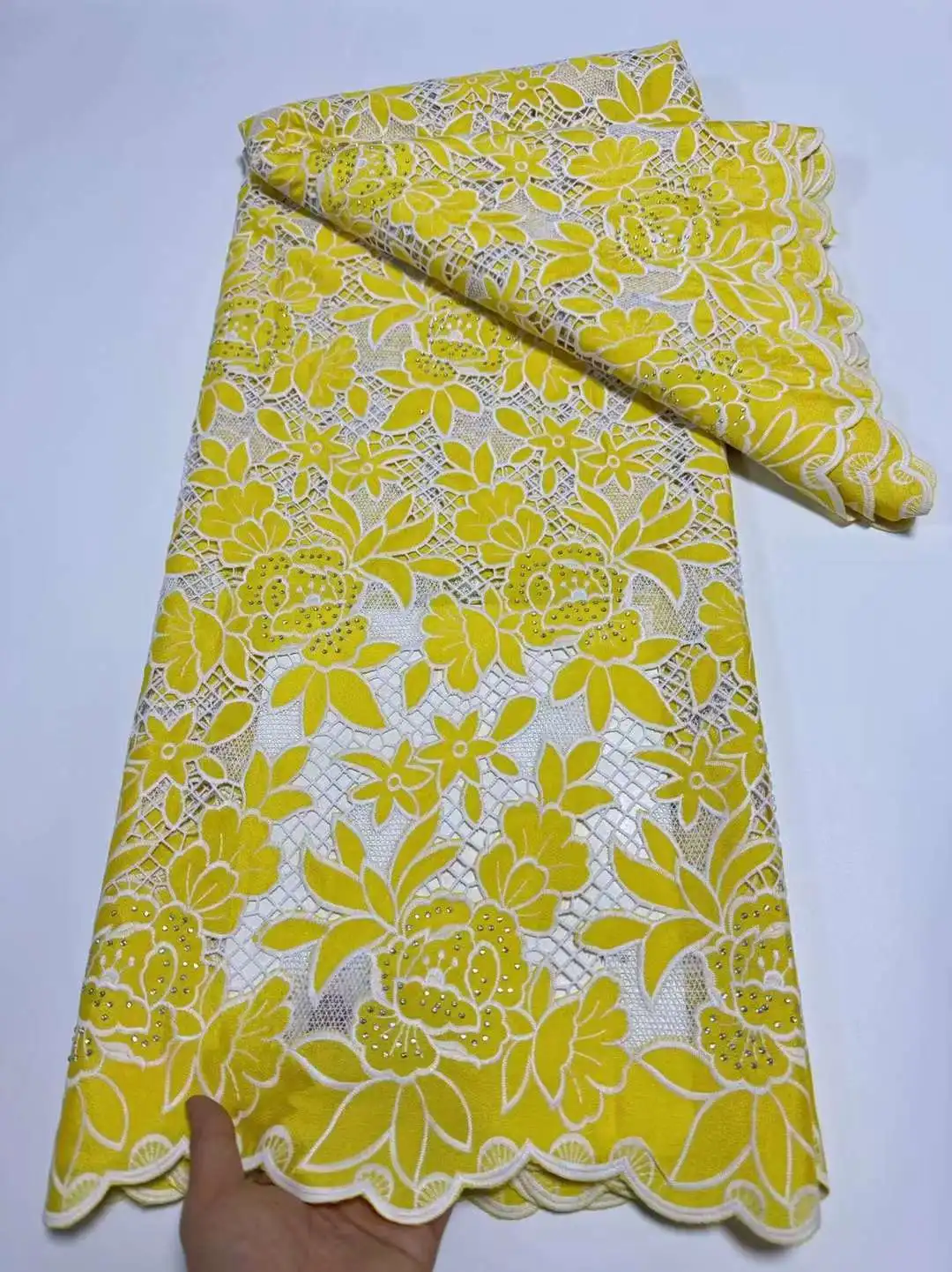 2024 High Quality African Cord Lace Chiffon Material Fabric Yellow Lace Nigerian Popular Dubai Style 5 Yard