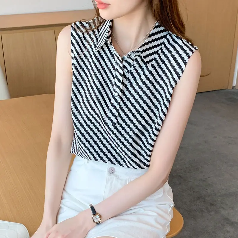 Simplicity Summer Thin Style Women\'s POLO Collar Striped Single Breasted Korean Fashion Loose Sleeveless Chiffon Shirt Tops