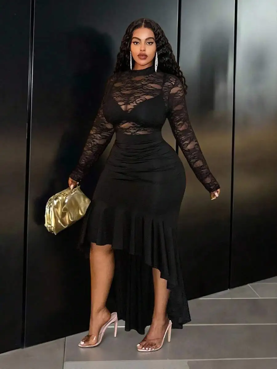 Veslaya Plus Size Women's Black Sheer Long Sleeve Lace Patchwork Bodycon Dress,Autumn Elegant Formal Evening Night Out Club