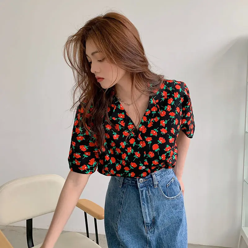 Women Clothing Vintage Printing Blouse Summer New Short Sleeve Loose All-match Floral Sweet Shirt Tops Fashion Casual Clothing