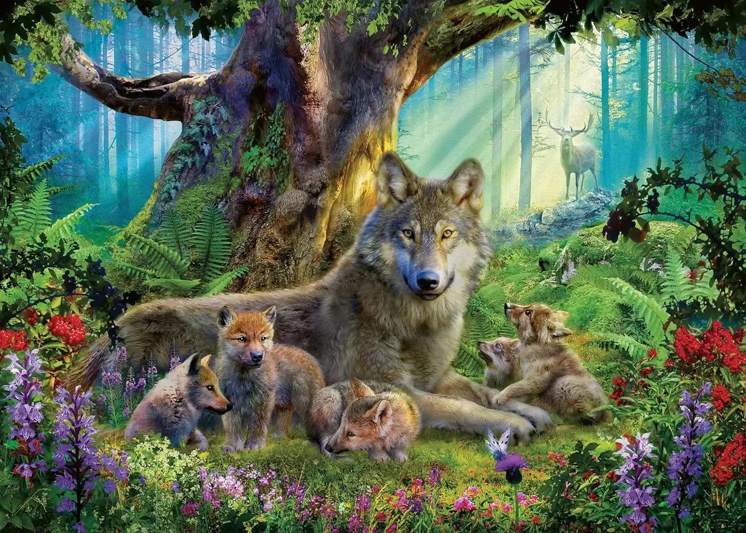 

DIY Grey Wolf And Cute Pups Jigsaw Puzzle, Mystic Green Forest Wildflower Deer Wildlife Stress Relief Home Decoration