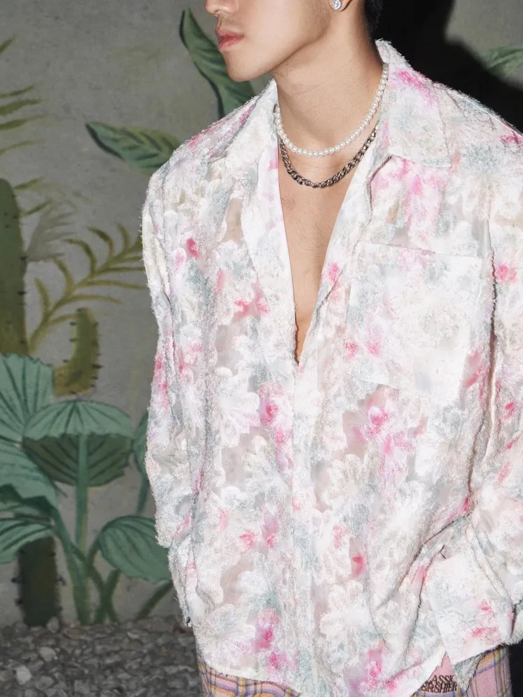 New Spring Summer Designer Fashion Mens Floral Printed Long Sleeve Shirt Loose Fit Harajuku Single Breasted Hawaii Shirts Male