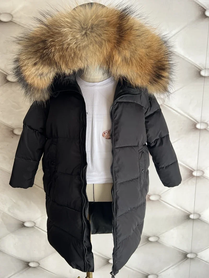 Piumino 2023 New Baby Boys Girls collo di pelliccia lungo ispessimento abbigliamento per bambini Soild Warm Striped Loose Hooded