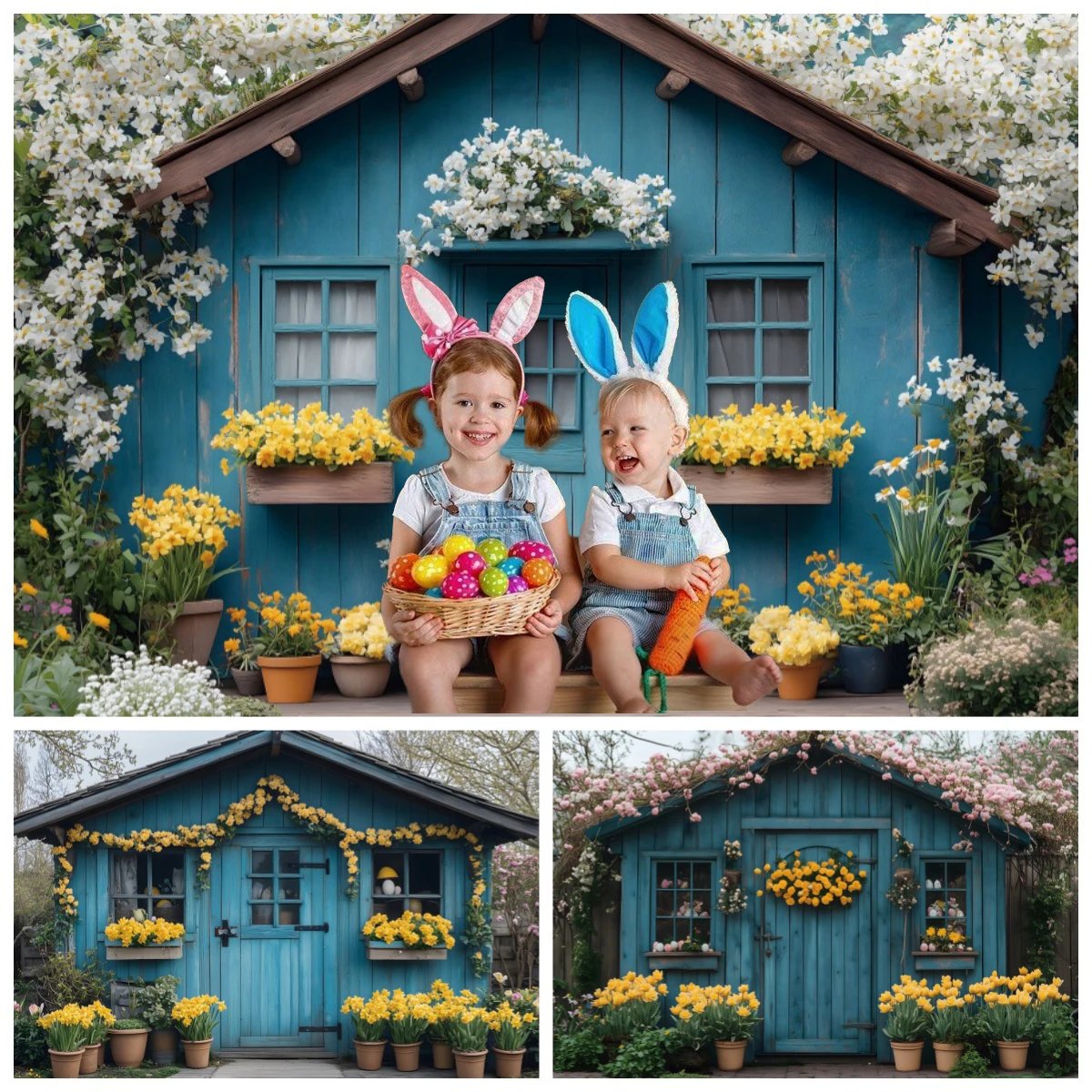 

Spring Easter Photography Backdrop Flowers Wooden House Newborn Kids Portrait Decoration Baby Shower Birthday Party Background
