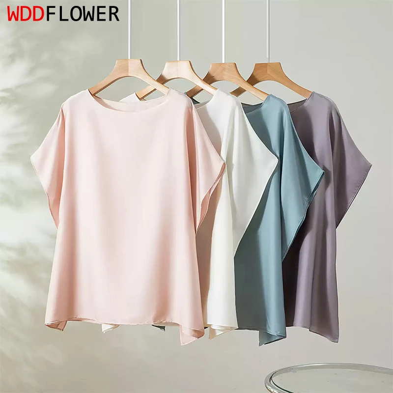 

93% Mulberry Silk 7% Spandex Solid Color Loose Type Round Neck Short Sleeve Women Blouse Top Shirt Pullover FF096