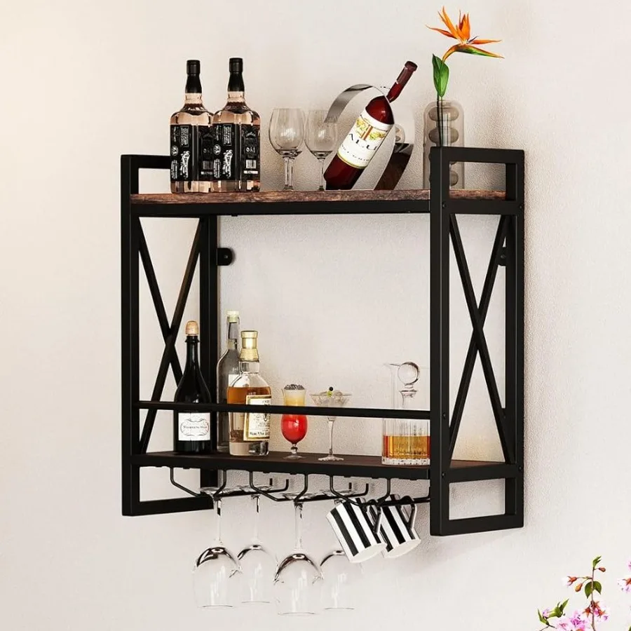 

Wall Mounted Wine Rack with 2Tier Shelves and 3 Glass Holders