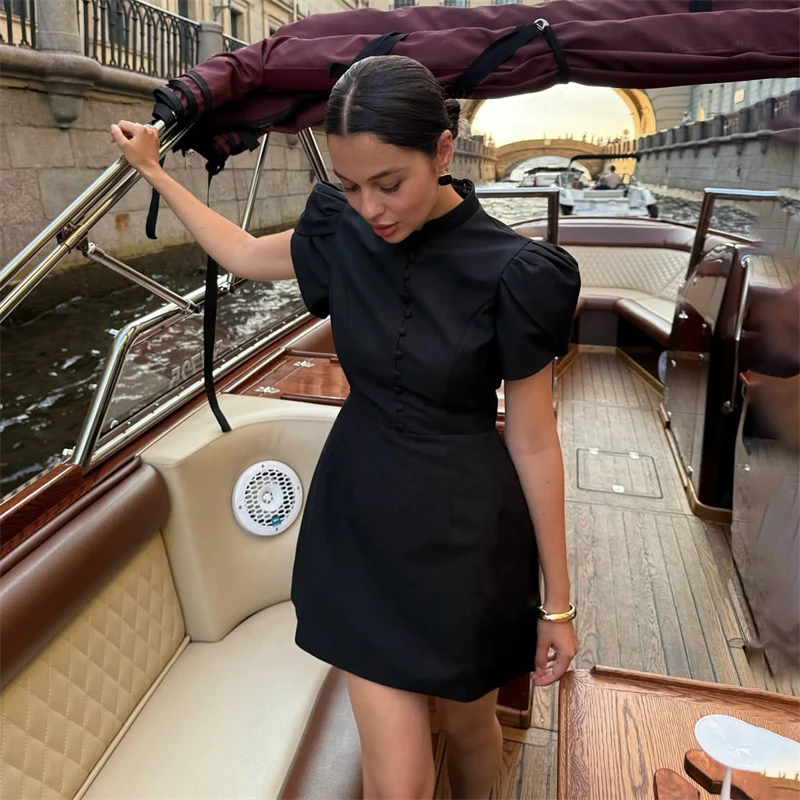 

Talenza Luxury Evening Dress Summer Pink Stand Neck High Waist Bubble Sleeve A-line Dress Elegant Patchwork Fashion Women Dress