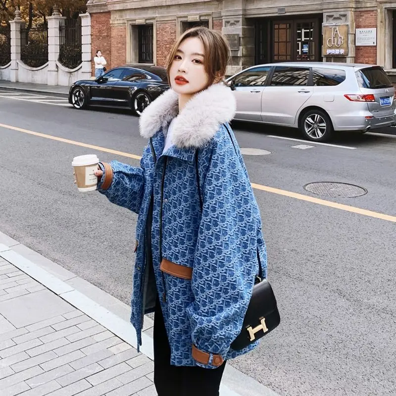 Women's Korean Version Cowboy Plus Velvet Cotton Jacket, Thick Coat, Big Fur Collar, Pie Overcome, Loose Clothes, Autumn and Win