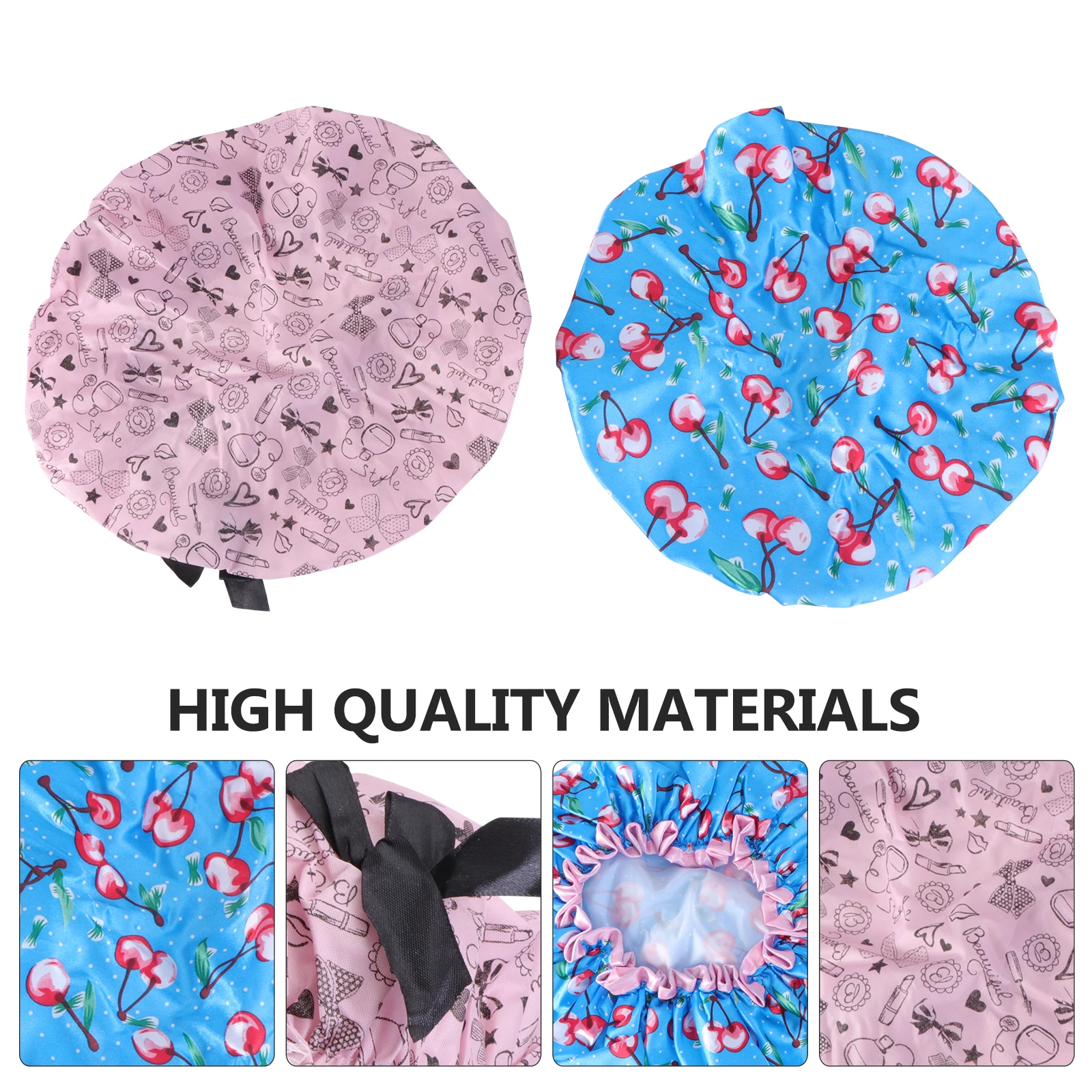 

2pcs Shower Double Layer Printing Waterproof Washable Hair Caps Bath for Women Girls (Cherry Style, Pink Base Bow Style)