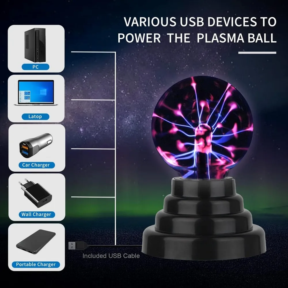 Lampe boule de Plasma magique de 3 pouces, veilleuse d'ambiance LED uniquement en verre sensible au toucher, lumière Plasma, décoration de chambre à coucher, cadeaux pour enfants