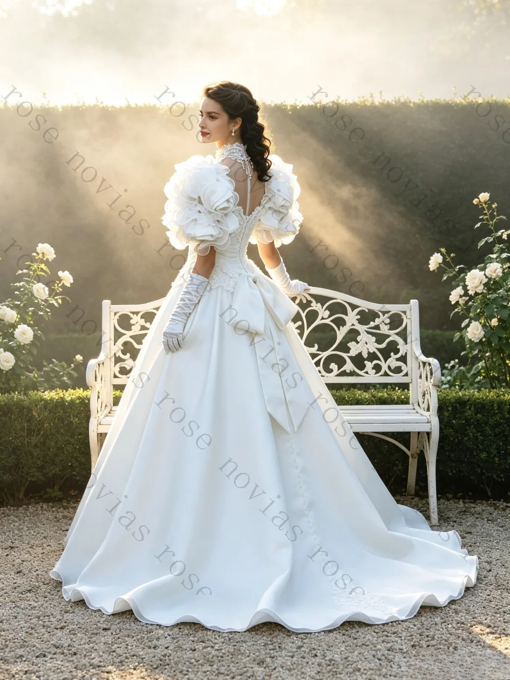 Customized Retro Puff Sleeves Satin Long Wedding Dresses 2026 High Collar Lace Decal A-line Bridal Gown with Bow At The Back
