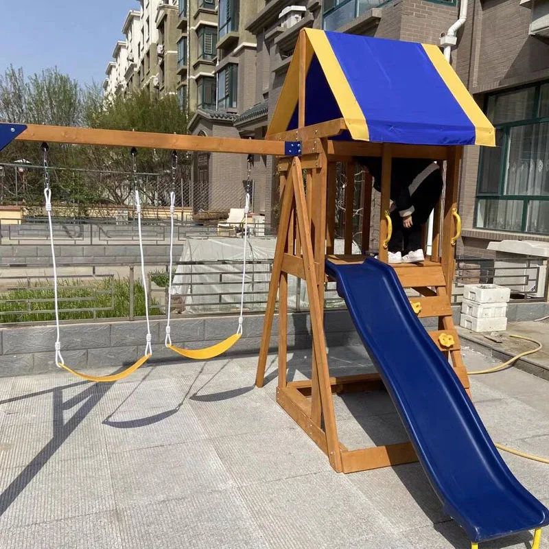 #Kindergarten outdoor wooden combination slide, community swing, climbing frame, play equipment, children's room, play house