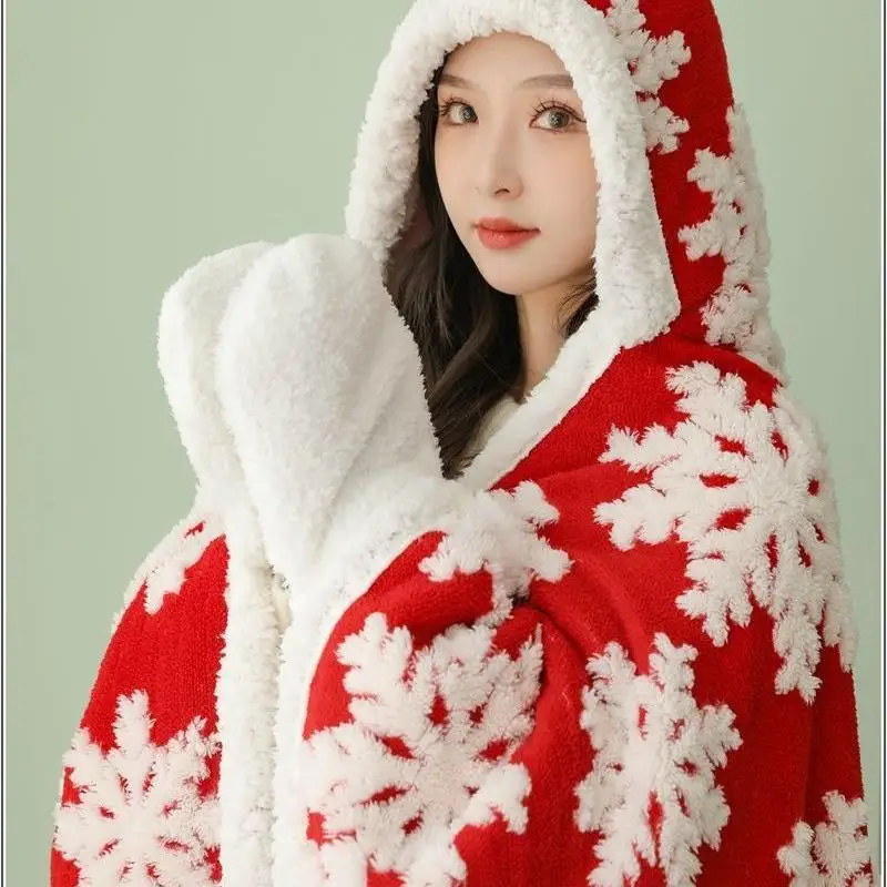 Winter Christmas Snowflake Thickened Lamb Head Multifunctional Cape Blanket