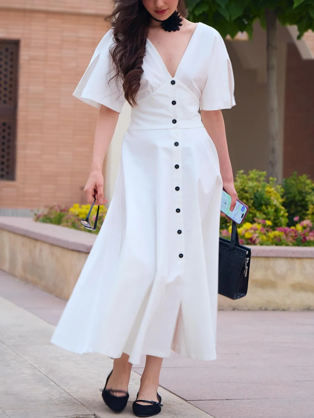 

Women's summer new loose V-neck button decoration medium-length short-sleeved dress elegant holiday pleated sexy long skirt