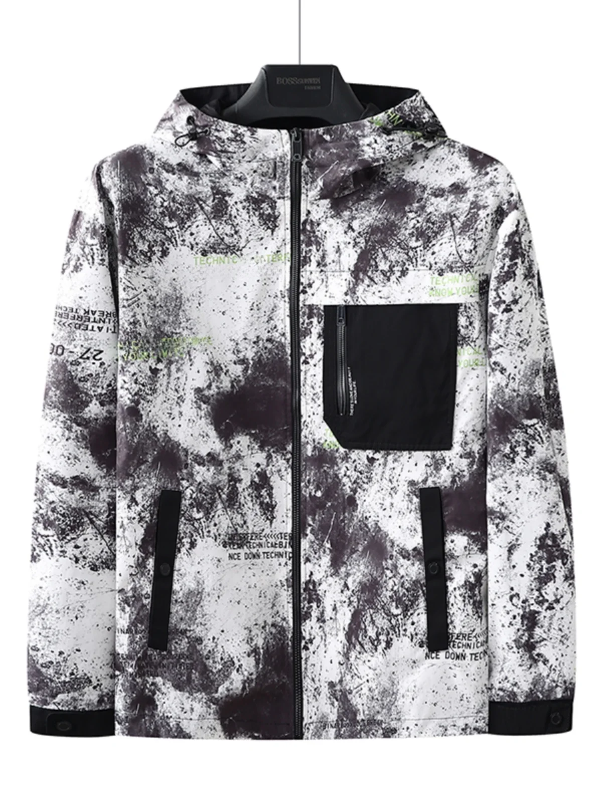 

Comfortable Men's Spring Autumn Faionable Hooded Jaet Watercolor Design Outerwear Stand Fit Long Sve Zipper Closure